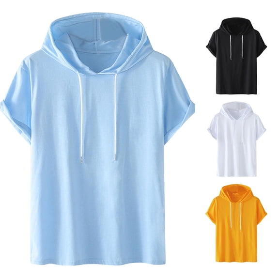 JAJAHO Men's Cotton T Shirt Casual Drawstring Hoodies Short Sleeve Loose Fit Summer Solid Color Basic Tee Soft Tops