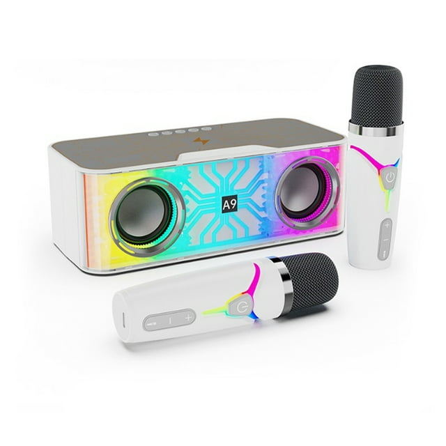 Graflsoa A9Pro Haut-Parleur de Karaoké Sans Fil Transparent Argenté Style Mech avec Double Micro, Lumières RGB, Bluetooth, et Batterie Rechargeable Intégrée
