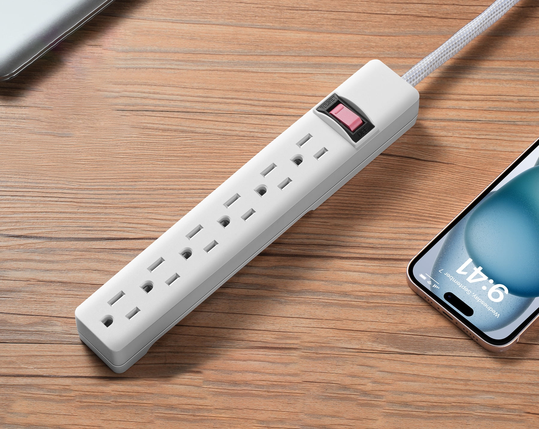 Hyper Tough 6-Outlet Indoor Power Strip, 8 ft Braided Extension Cord, ETL Certified, White, 2-Pack