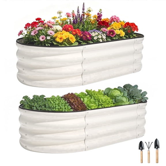 OBENSKY Galvanized Raised Garden Bed,2 Pack 4x2x1ft Oval Metal Planter Box Outdoor for Vegetables,Flowers,Fruits-White