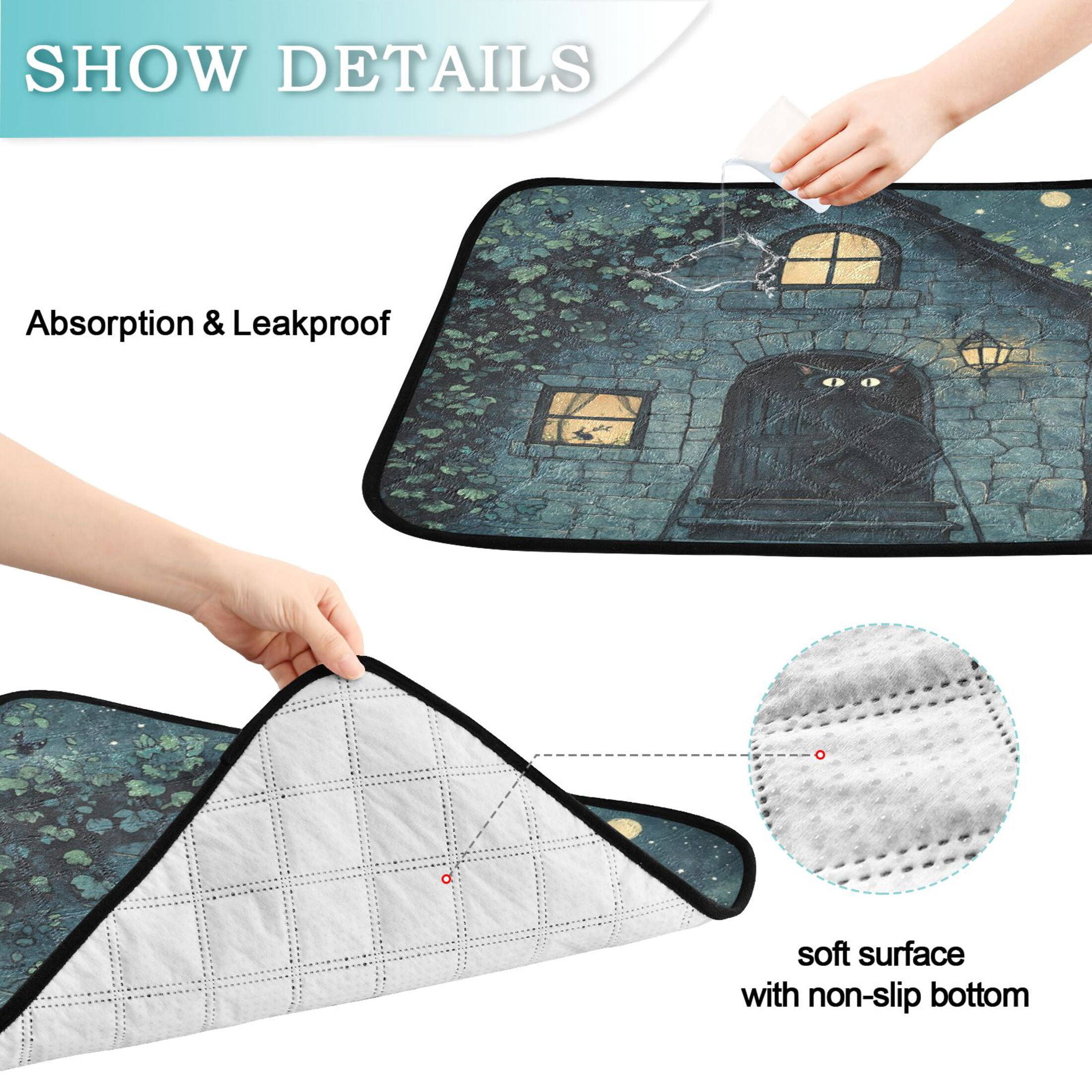 Qxltty Black Cat Night Scene Cat litter Pads Pet Set of 3 Diaper Mats Center Anti-leakage Layer Absorbent Soft and Comfortable