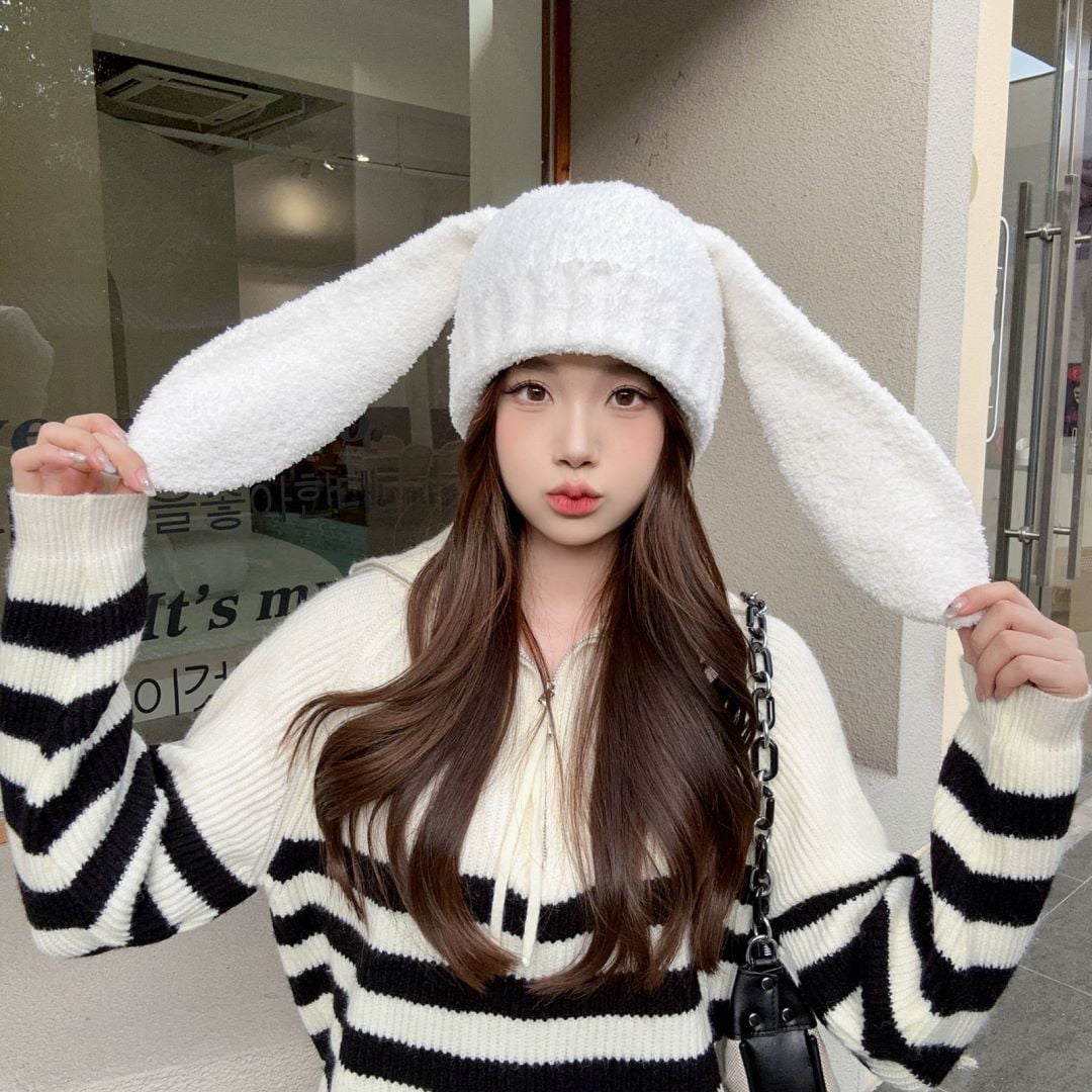 Knit Beanie Hats for Women Bunny Winter Cap Faux Fur Warm  display picture 3