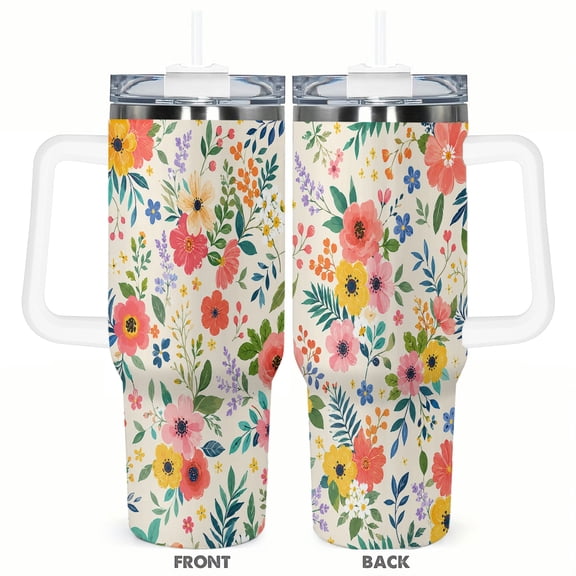 40oz Colorful Wildflower Tumbler with Handle and Straw Floral Insulated Travel Coffee Cup Gift