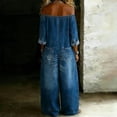 thumbnail image 2 of Morttic Women's Solid Color Off-Shoulder Denim-Look Jumpsuit – Long Sleeve Button Front, Wide Leg Pants with Pockets Blue，S, 2 of 3