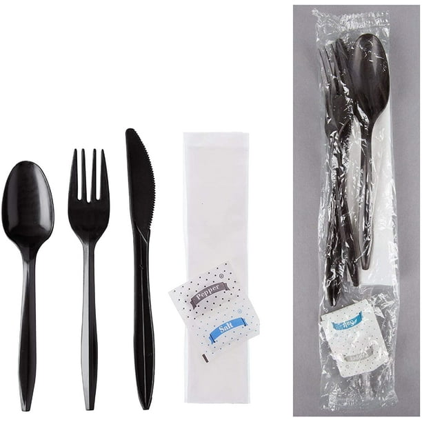 250 Plastic Cutlery Packets Knife Fork Spoon Napkin Salt Pepper Sets