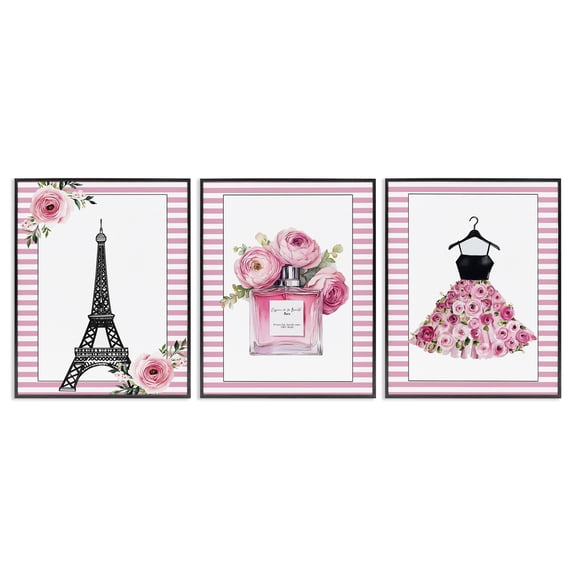 Parisian Glam with Stripes 3 Piece Black Framed Giclee Art Set, design by Christine Simpson Art