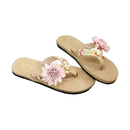 

House Slippers For Women Slippers For Women Indoor And Outdoor Flip-flops Summer Slippers Outside Wear Seaside Fashion Clip-on Flower Beach Shoes Women Pink