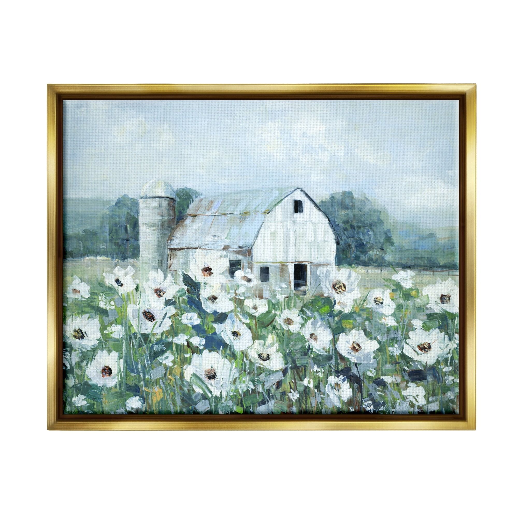 Stupell Industries Rural Anemone Flower Meadow White Farmland Barn Painting Metallic Gold Floating Framed Canvas Print Wall Art, Design by Sally Swatland