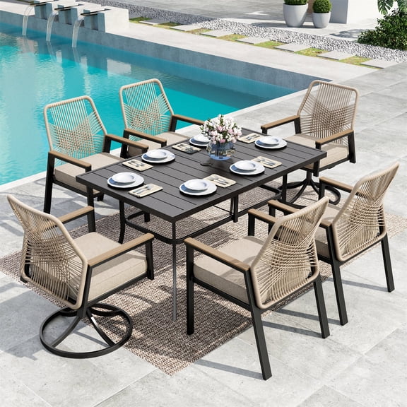 MF Studio 7-Piece Patio Dining Set, All-Weather Rattan Rope Swivel & Fixed Chairs and Rectangular Table with Umbrella Hole, Black and Beige