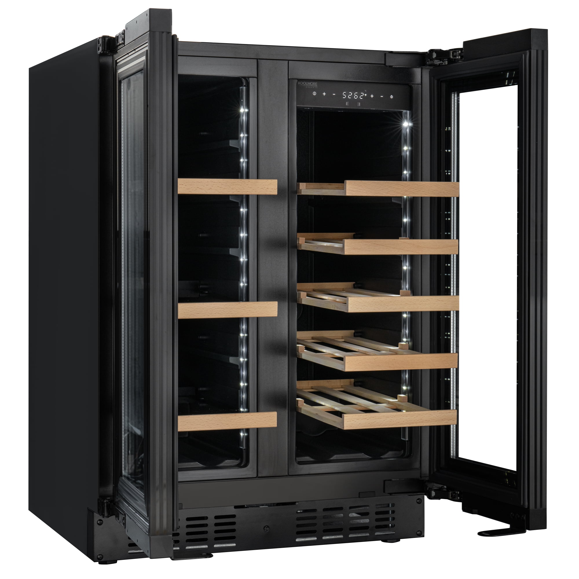KoolMore Reserve 24 in. French Door Dual Zone Panel Ready Under-Counter Cooler with Wooden Shelves and 20 Bottle Capacity in the Right Zone and 2.1 Cu. Ft. on the Left in Black (KM-CWB24-WPR)