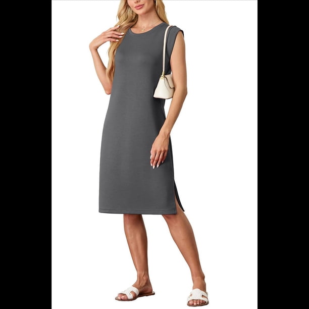 Vestido Midi Informal de Verano para Mujer, con Cuello Redondo, Holgado, con Abertura y Bolsillos, Color Gris Oscuro XXL