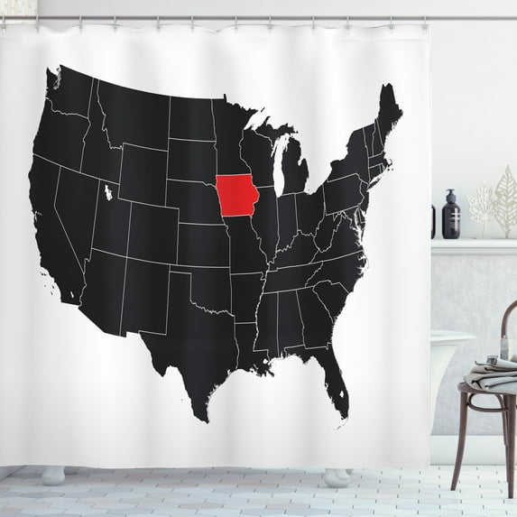 Ambesonne Iowa State Shower Curtain, North America Map Design, 69"Wx84"L, Black Vermilion White