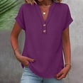 thumbnail image 2 of Women's V-Neck Linen T-Shirt with Button Loose Fits Short Sleeve Casual Tops Summer Lightweight Daily Tee,Purples,XL, 2 of 8