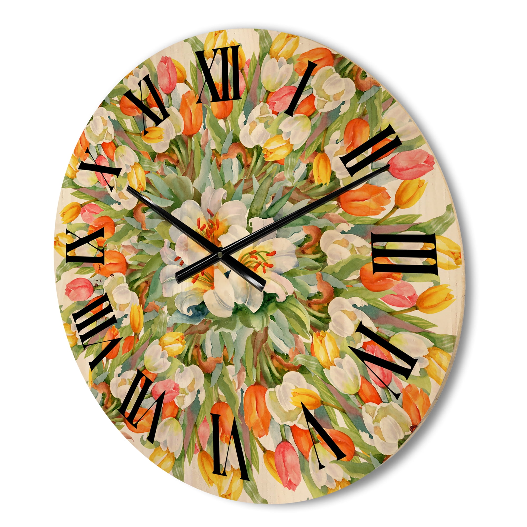 Designart 'Blooming Orange and White Tulips I' Traditional Wood Wall Clock