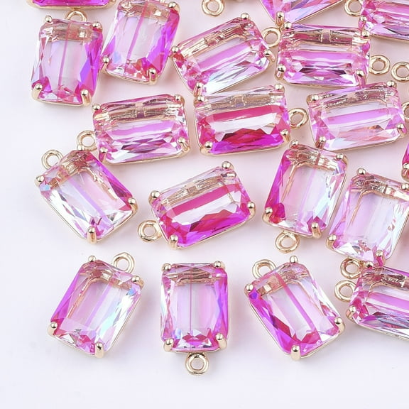 2pc Transparent Glass Pendants with Brass Findings Faceted Rectangle AB Color Plated Light Gold Deep Pink 17.5x10x6.5mm Hole: 1.6mm DIY