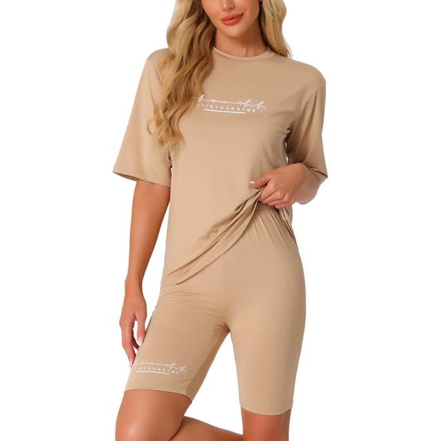 CONJUNTOS DE ROPA DE MUJER INSPIRE CHIC de 2 Piezas con Impresión de Letras, Camiseta de Manga Corta y Pantalones Cortos Bodycon XS Caqui