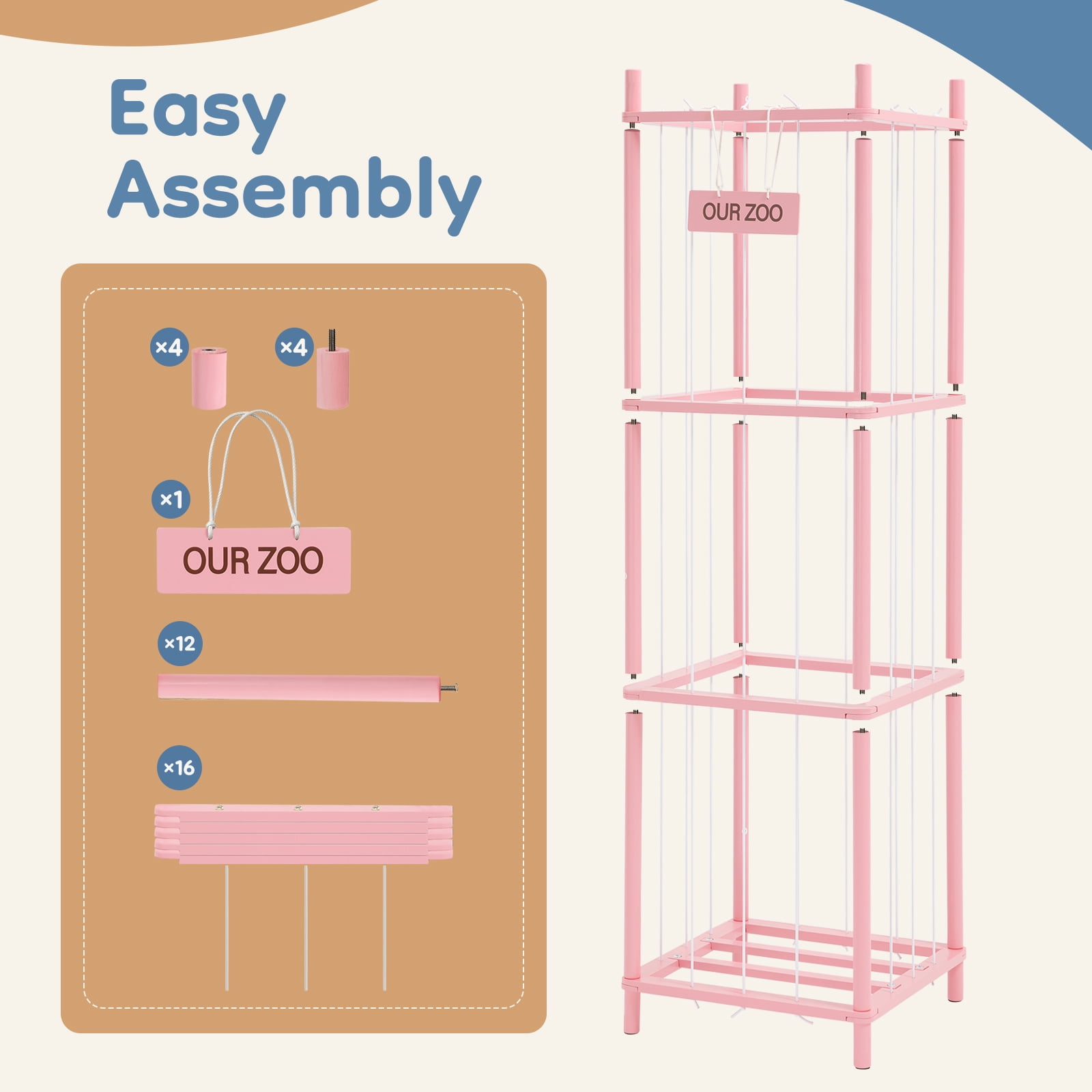CONCETTA Toy Storage Organizer, Wooden Toy Holder Cage - Holds 40+ Plush Toys, Sturdy Wood & Steel Screw Construction for Toddler Room, Playroom, Bedroom, Pink