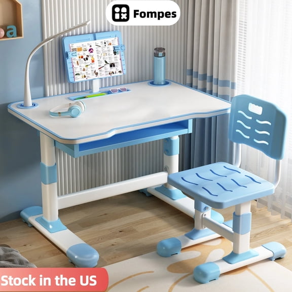 Fompes Kids Functional Desk and Chair Set Ergonomic Height Adjustable Children School Study Desk with Book Stand LED Light and Storage Drawer for Boys Girls - Blue