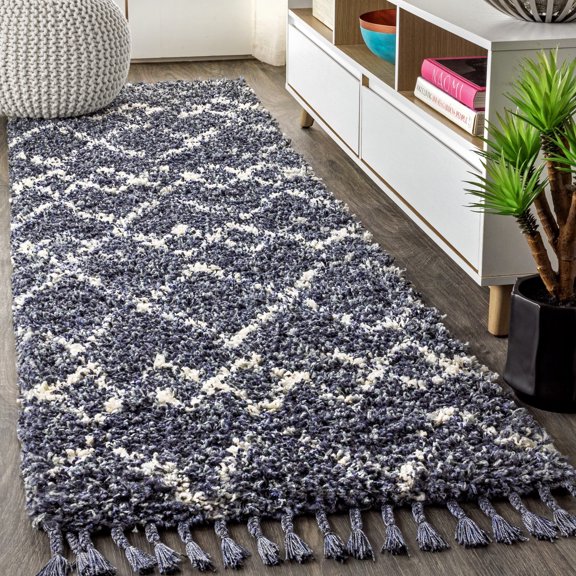 JONATHAN Y MERCER SHAG 2 x 8 Runner Rug, Mercer Plush Tassel Moroccan Geometric Trellis - Blue/Cream, MCR102A-28