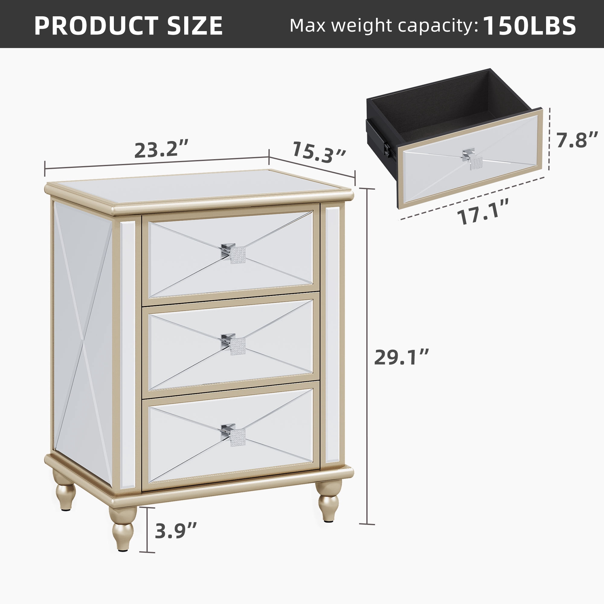 Dextrus Mirrored 3-Drawers Dressers with Wood Legs, Mirrored End Table Nightstand, Gold