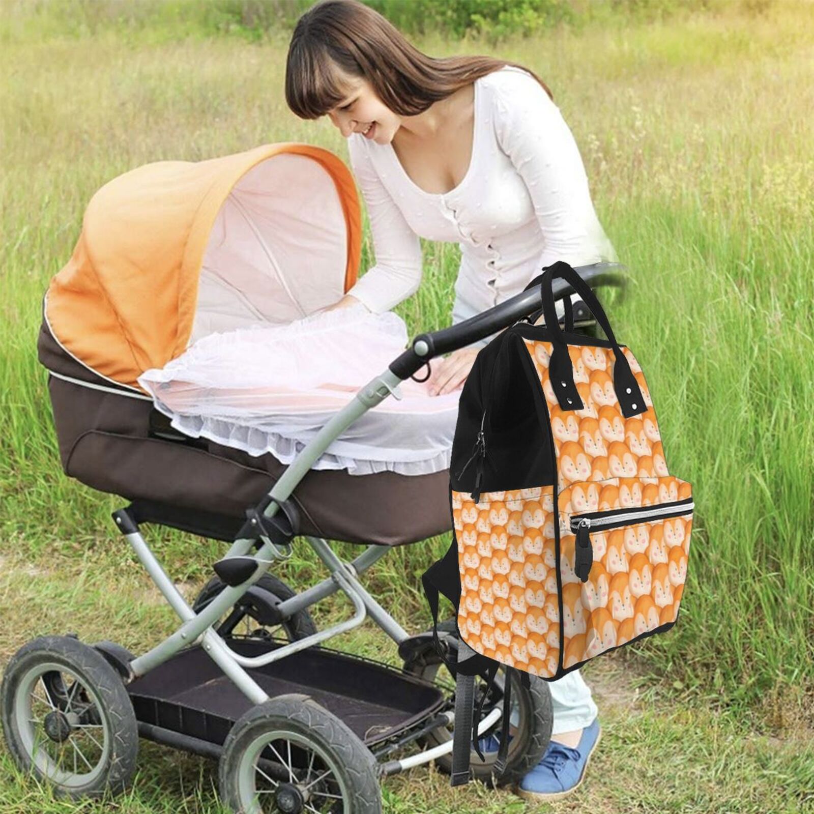 Fuzoiu Cute Fox Faces Pattern Print Diaper Bag Backpack,Baby Essentials Travel Tote,Multi function Waterproof Diaper Bag, Travel Essentials Baby Bag - Unisex