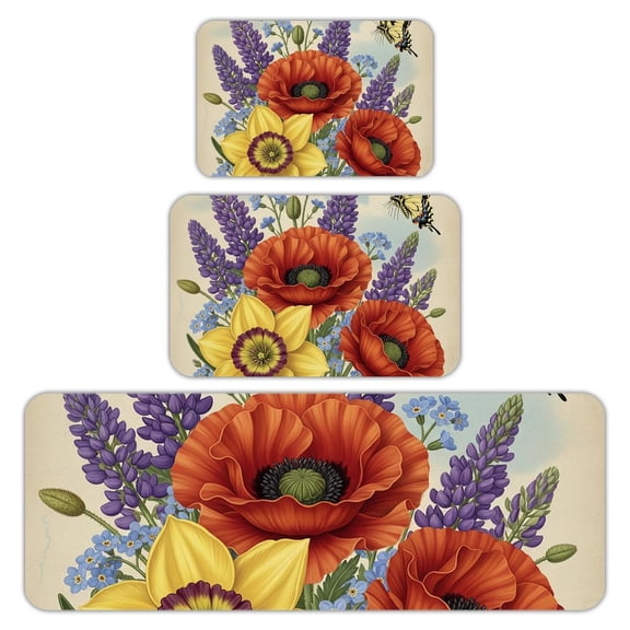 RKSupls Kitchen Rug Set 3 Piece Anti-Slip Flannel Floor Mats, Flower Butterflys Washable Absorbent Runner Mats for Kitchen Bathroom Home Decor