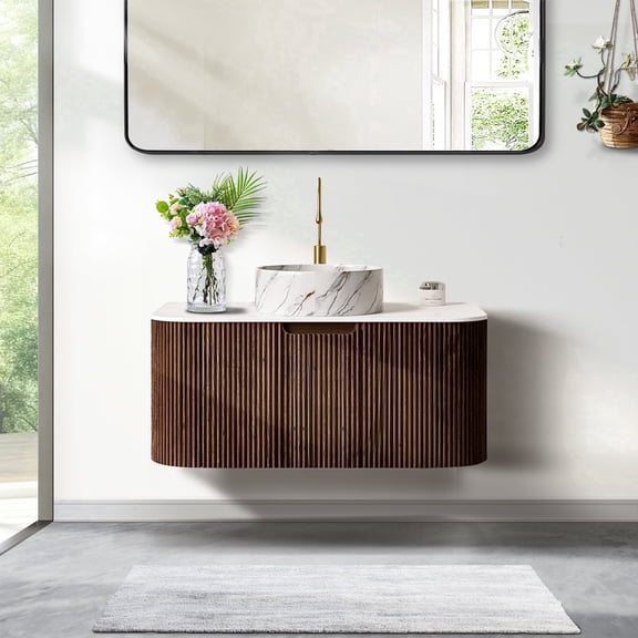 36" Curved Edges Striped Bathroom Vanity with Sink, Floating Plywood Cabinet with Single Large Drawer, Ceramic Vessel Basin & Artificial Marble Top - Dark Walnut Wood Grain Color Pre-assembled Vanity