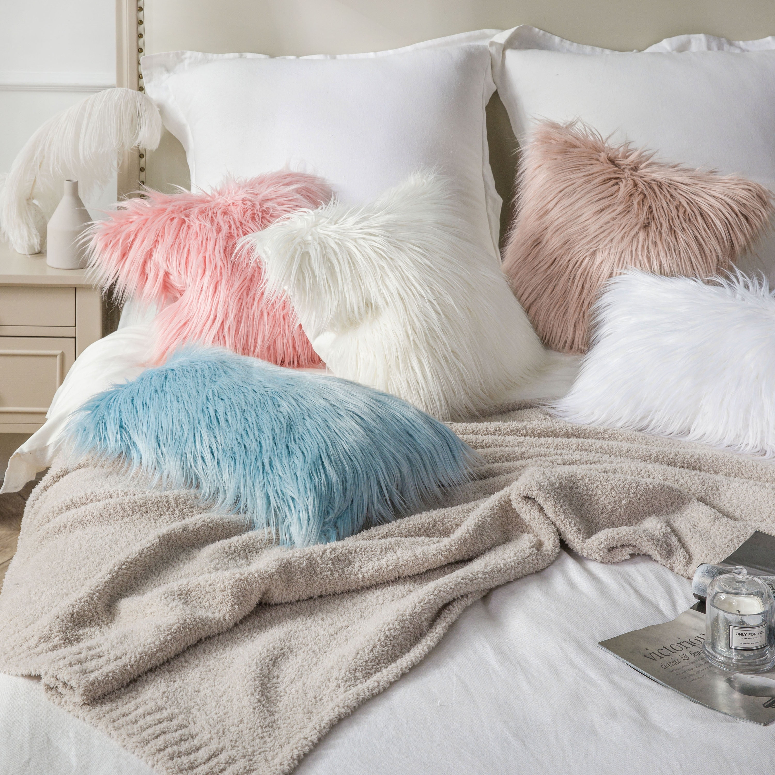 Luxury Mongolian Fluffy Faux Fur Series Square Decorative Throw Pillow  Cusion for Couch, 18 x 18, Pink, 2 Pack 