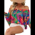 thumbnail image 2 of Blusas Coloridas con Hombros Descubiertos para Mujer, Estilo Bohemio, Informal, Elegante, con Volantes, 3/4 y Cuello Asimétrico. Rojo y Verde M, 2 of 8