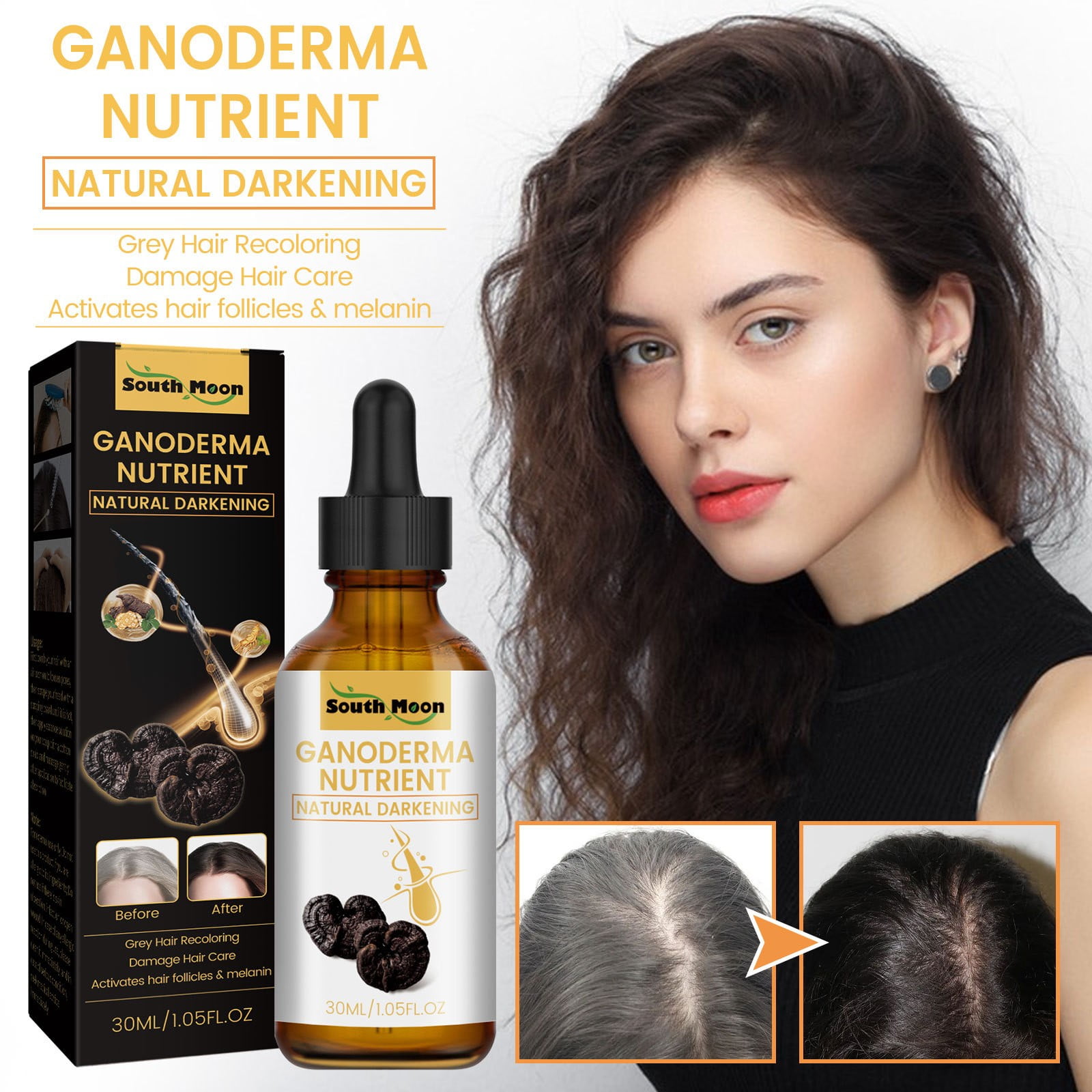 Greying Hair, Hair Darkening , Organic Ganoderma Nutrient Hair Reverse