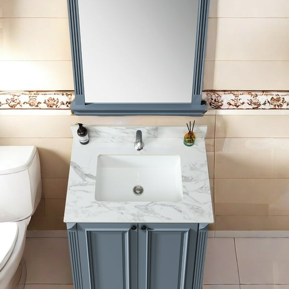 31"x22" Sintered Stone Bathroom Vanity - White Ceramic Sink With Backsplash Stylish Addition Top Rectangular Undermount Lavatory Exquisite