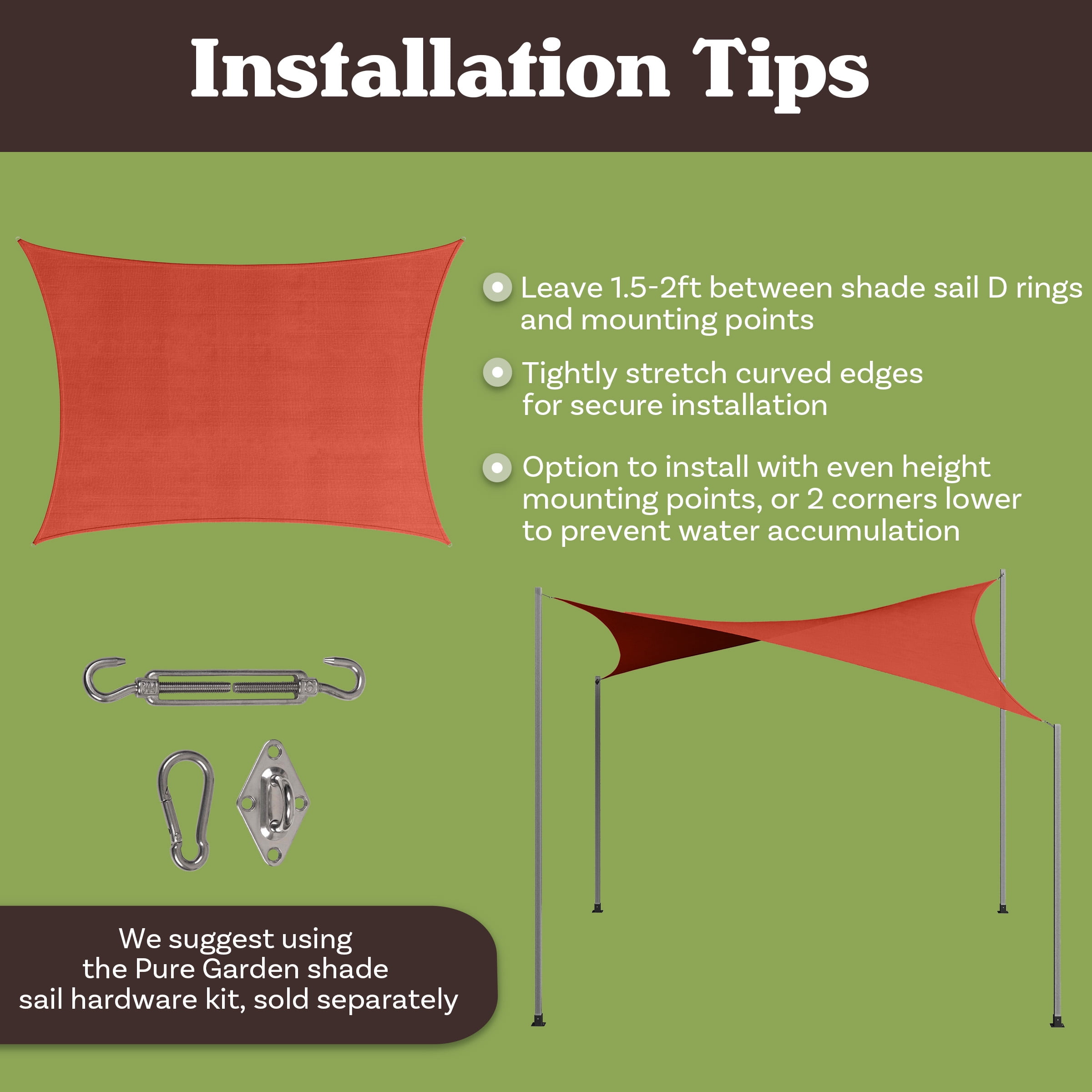 Pure Garden 10x13ft Sun Shade Sail – UV-Blocking Outdoor Canopy with D-Rings & Ropes, Terracotta