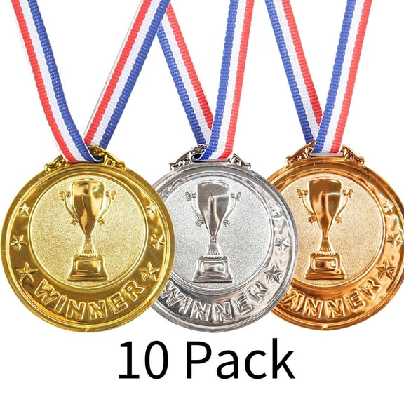 10-Pack Gold Silver Bronze Award Medals for Kids and Adult Sports Tournaments Prize Round with Neck Ribbon for Olympic Style for Children School Sports or Any Competition (Gold)
