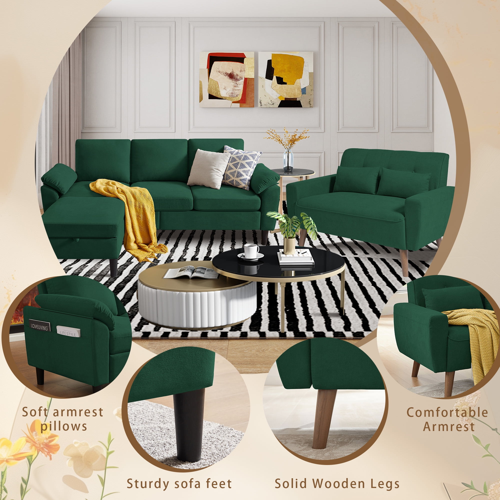 79" Convertible Sectional Sofa Set, Small L Shaped 3-Seat Couch with Reversible Chaise and Accent Chair, Modern Linen Sofas Couches for Living Room, Green