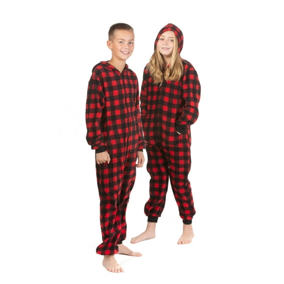 Hoodie one piece Jumpsuit Pajama in Buffalo Plaid Fleece for Boys & Girls