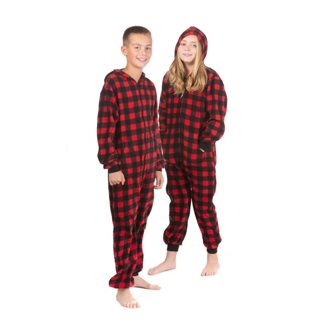 Combinaison Pyjama une Pièce à Capuchon en Molleton à Carreaux Buffalo pour Garçons et Filles