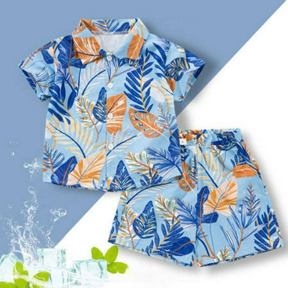 Boys Outfits Hawaiian Style Toddler Kids Boys Tropical Print Shirt and Elastic Waist Shorts Set for Beach Vacation Baby Outfits Boy Blue 12 Months-18 Months