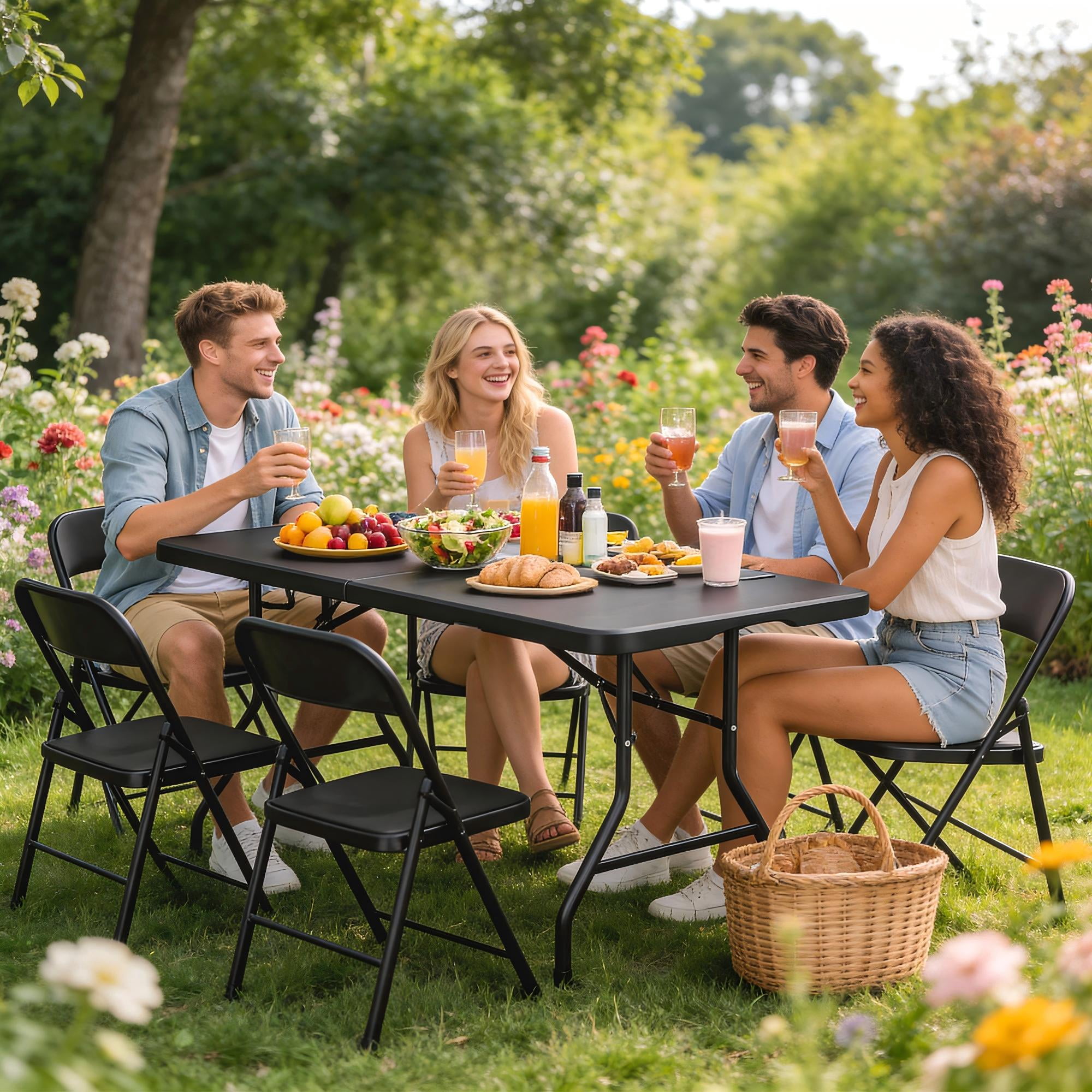 Furnibear Folding Table,6FT Portable Heavy Duty Plastic Fold-in-Half Table with Carrying Handle for Indoor Outdoor Events,Picnic,Party,Camping,BBQ,Black