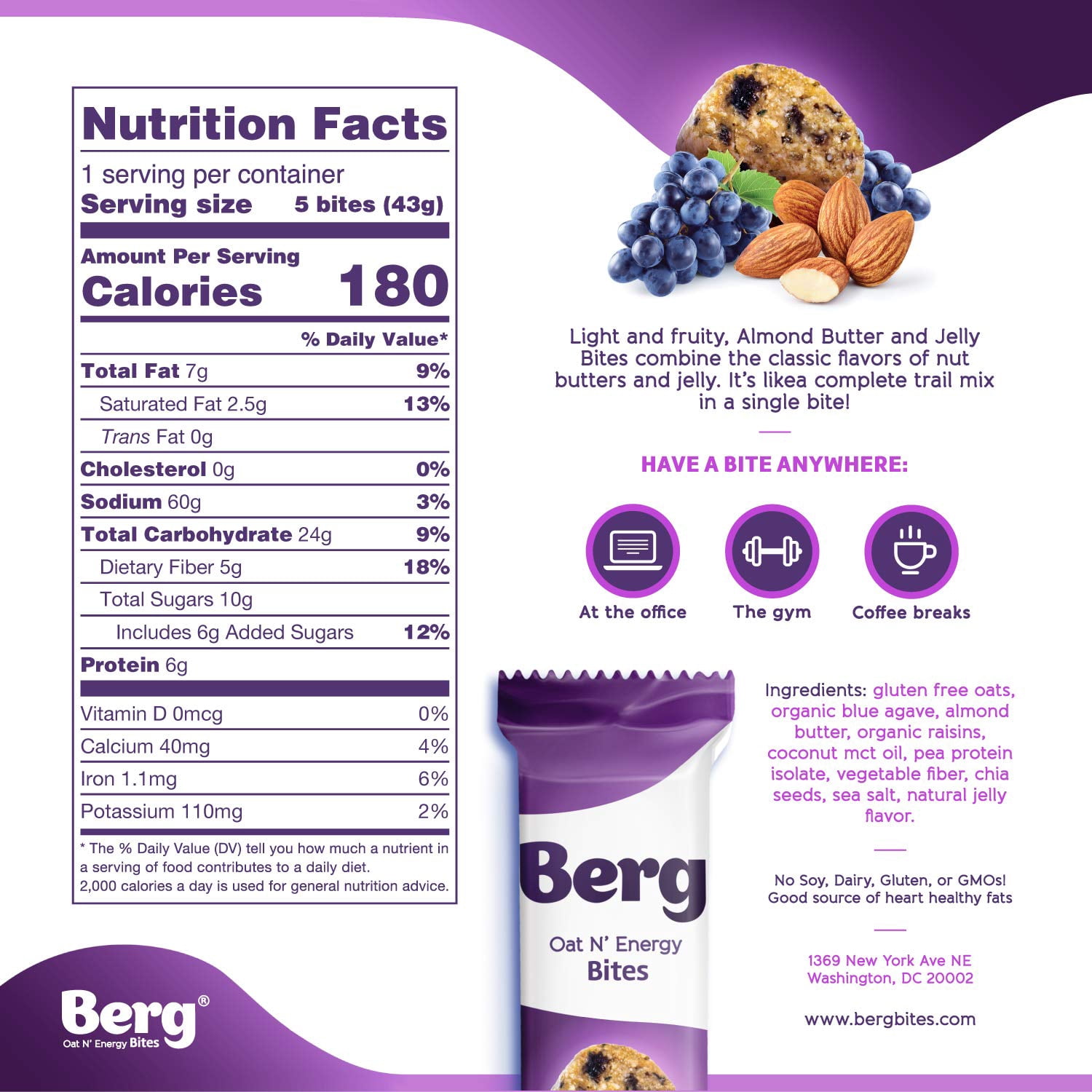 Berg Bites - Oat N' Energy Bites - Almond Butter & Jelly - Non-GMO, Gluten Free, Dairy Free, Soy Free and Vegan - Clean Energy Healthy Snack Bar - 1.5oz (8 Pack)