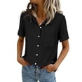 thumbnail image 2 of Solid Button Down Shirts for Women Short Sleeve Bust Pocket V Neck Collared Shirts Summer Business Casual Work Tops, Black XL, 2 of 7