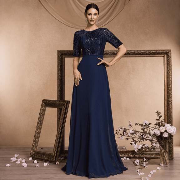 Crew Neck Maxi Formal Dresses for Women with Mid Sleeve A-Line Dresses with Sequin Embroidery Semi Sheer Wedding Guest Dresses for Women Chiffon Evening Gown for Party Prom and Birthday Navy Blue