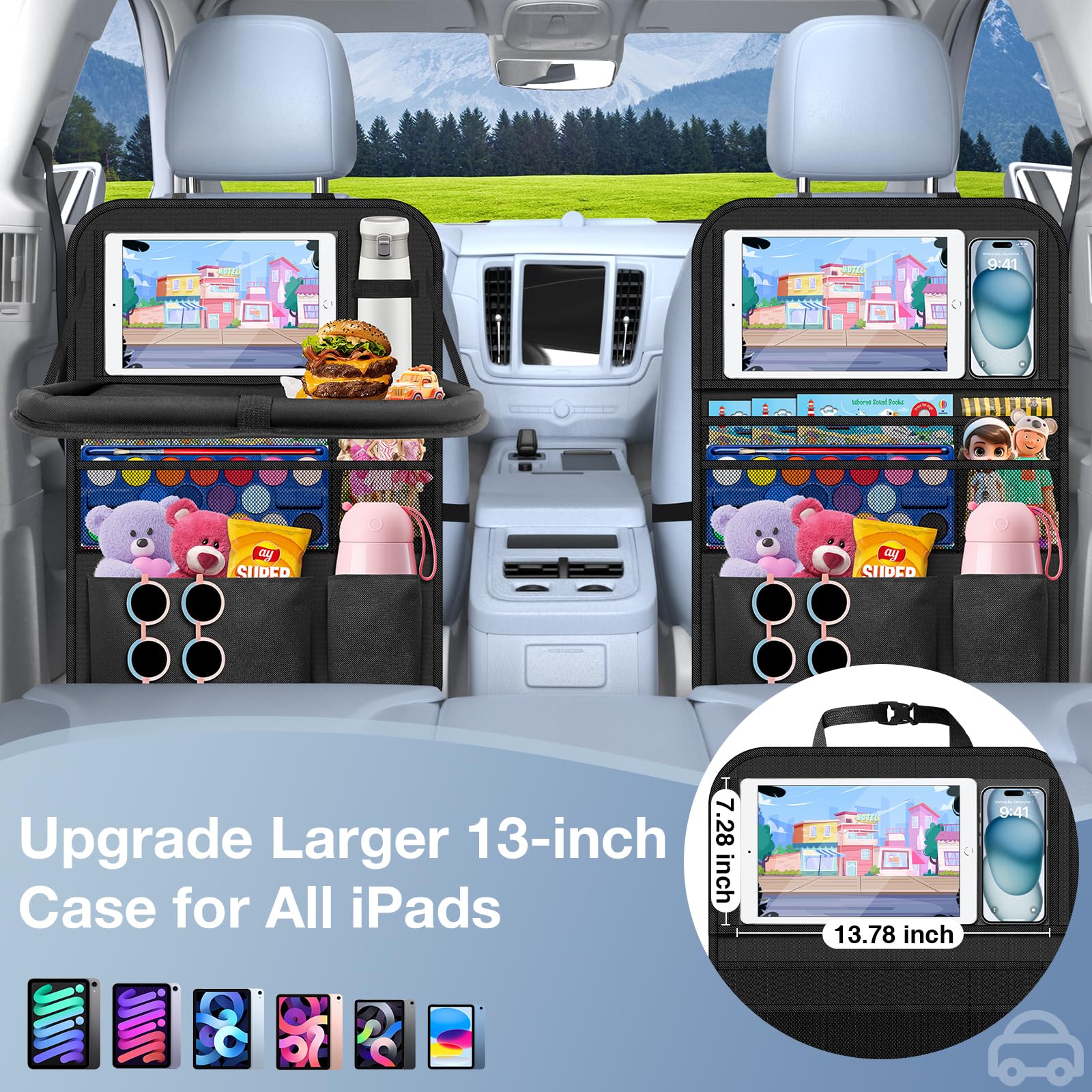 2-Pack Car Backseat Organizer with Table Tray,Supports up to 22 lb,9 Storage Pockets with Touch Screen Tablet Holder,Foldable Food Tray, Protective Kick Mats,Travel Accessories Organizer,Black
