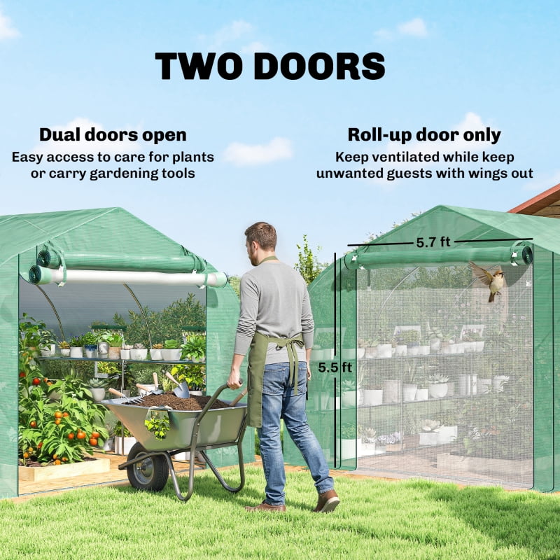 Alvantor Green 10x11x6 Walk-in Tunnel Greenhouse with Shelves, Mesh Door & Windows, PE Cover Plant