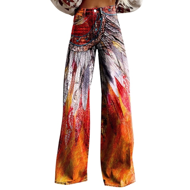 Clearance! Lisingtool Wide Leg Pants Woman High Waist Floral Patterned Pants Lightweight Loose Fit Casual Colorful Trouser Imitation Jeans
