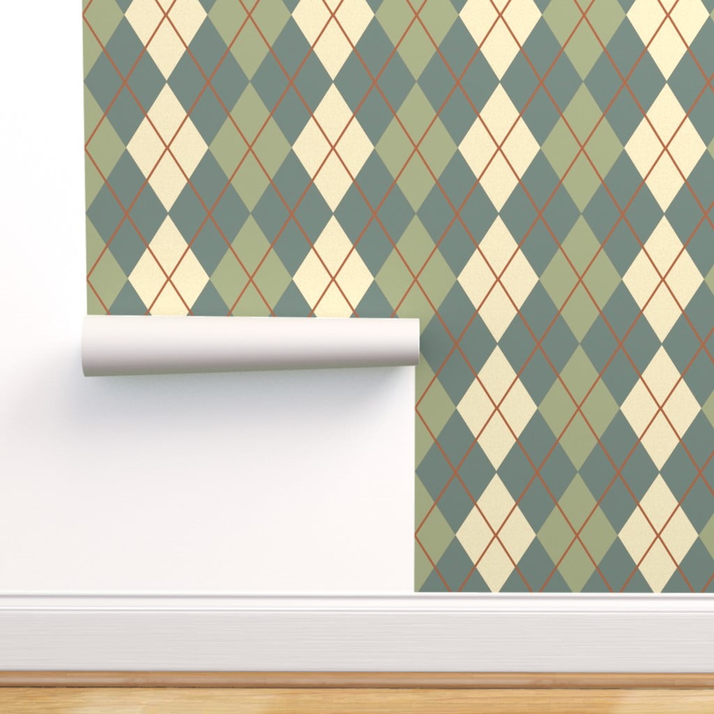 Peel-and-Stick Removable Wallpaper Argyle Scottish Green Tan Plaid