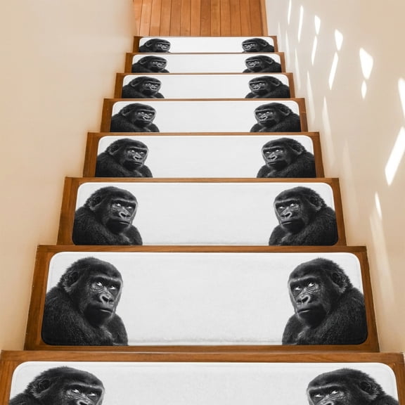 Gorilla Portrait Stair Treads Non Slip for Steps Minimalist Modern Black White 7 Pcs Reusable Adhesive Stair Runner Mats for Dogs Elders Carpet Treads Rugs for Staircase 8x30 In