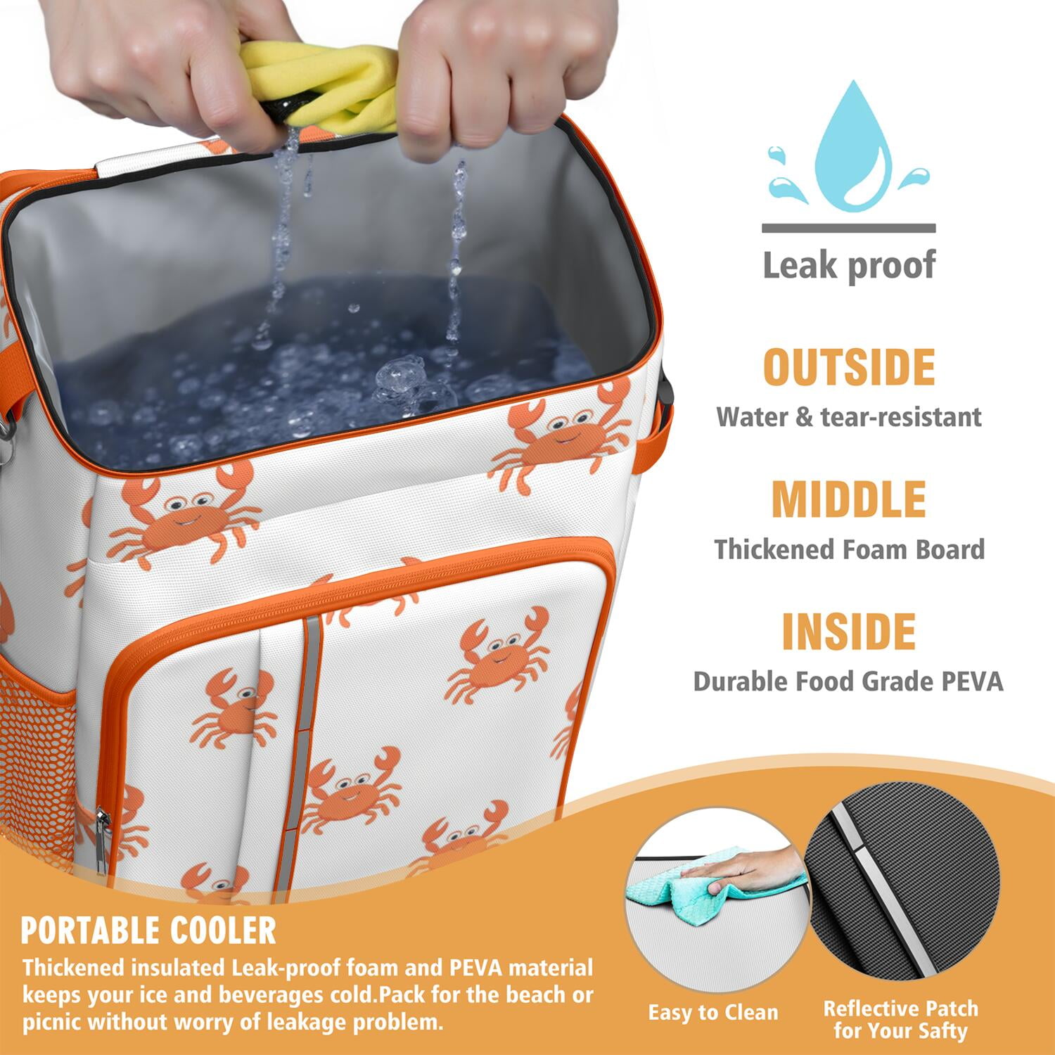 Insulated Cooler Backpack,Soft Backpack Coolers Insulated Leak Proof Travel Cooler Bag Waterproof Lunch Picnic Beach Work Trip Thermal Bag Drink Beverage Beer Bag Cooler Marine Adorable Crab