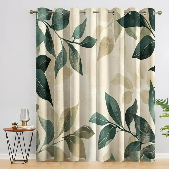 Green Leaf Curtains For Living Room, Plant Blackout Curtains For Bedroom - Neutral Leaves Decor Window Curtains, Grommet Drapes 52"W x 96"L (Pack of 2)