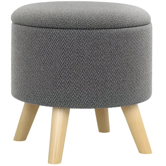 Round Linen Fabric Storage Stool, Wood Base, Round Linen Fabric Storage Stool with Padded Top, Hidden Compartment, Wood Base Ottoman, Footrest and Vanity Seat, Gray, LTop, Hidden Compartment, Ottoman