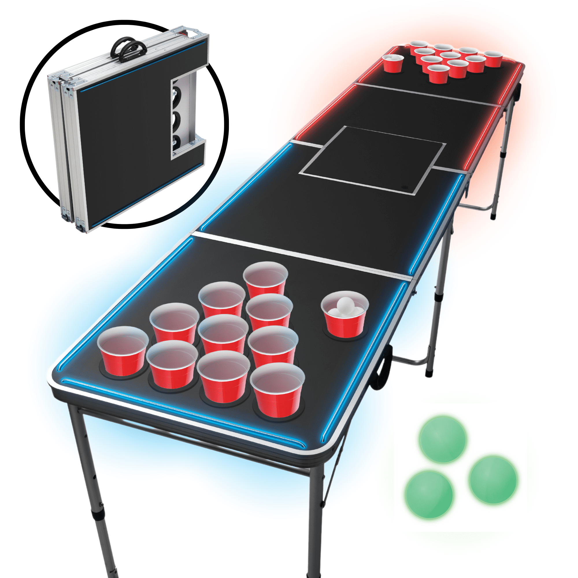 MinnARK Sports LED Portable Folding Pong Table, 8-Ft Party Game Set for Outdoors & Tailgating